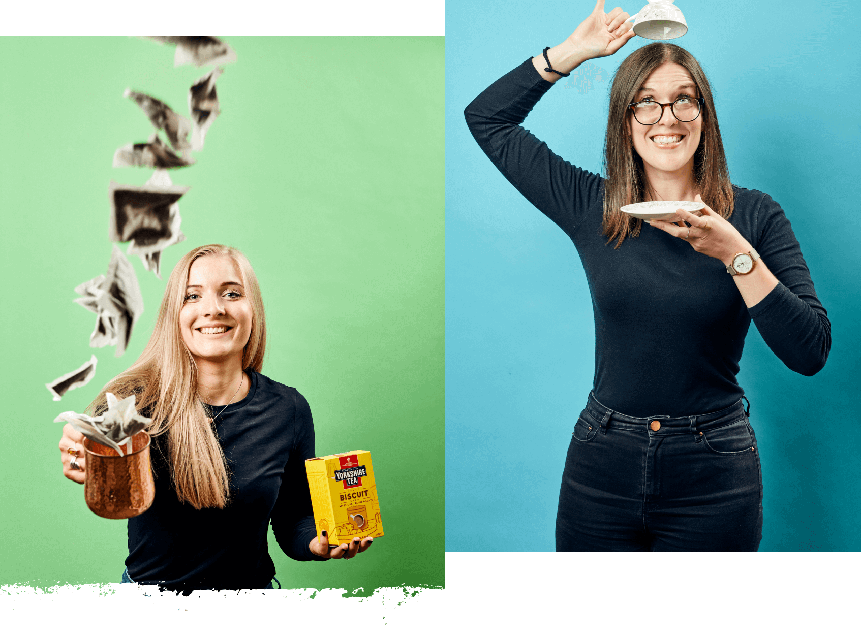Two women holding tea and biscuits